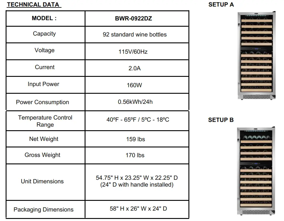 Wine Refrigerator BWR-0922DZ - TECHNICAL DATA