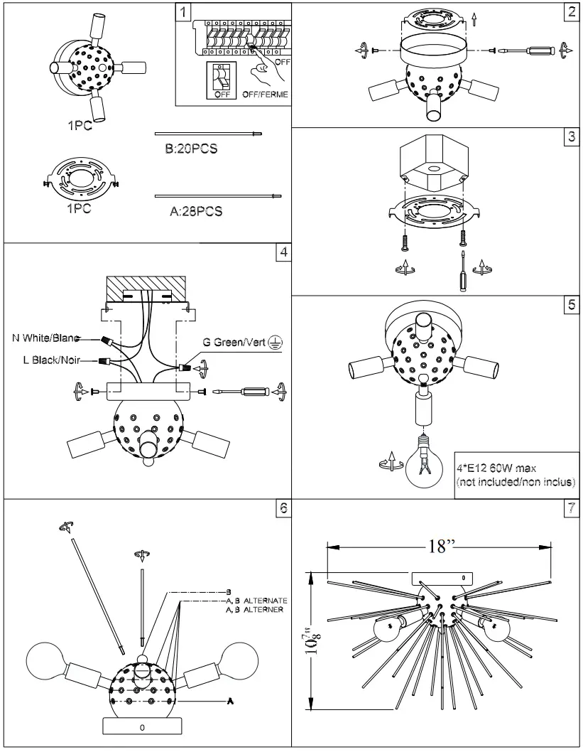 Dainolite VEG-184FH Vega 4-Light 18-in Black Incandescent Flush Mount Light