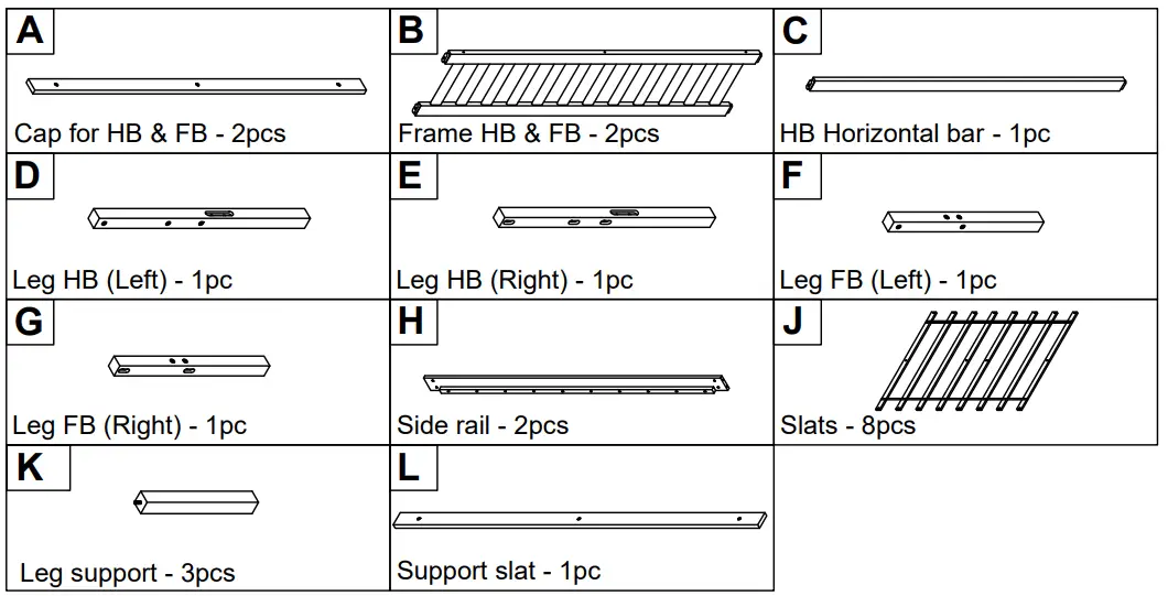 COSTWAY HU10028 Full Bed Frame - PART LIST