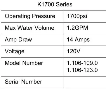Karcher K1700, K1710 Electric Pressure Washer - Specifications