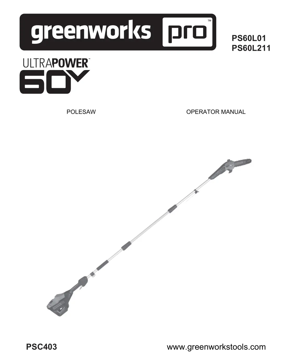 greenwork pro PS60L01 Battery Cordless Pole Saw Owner's Manual