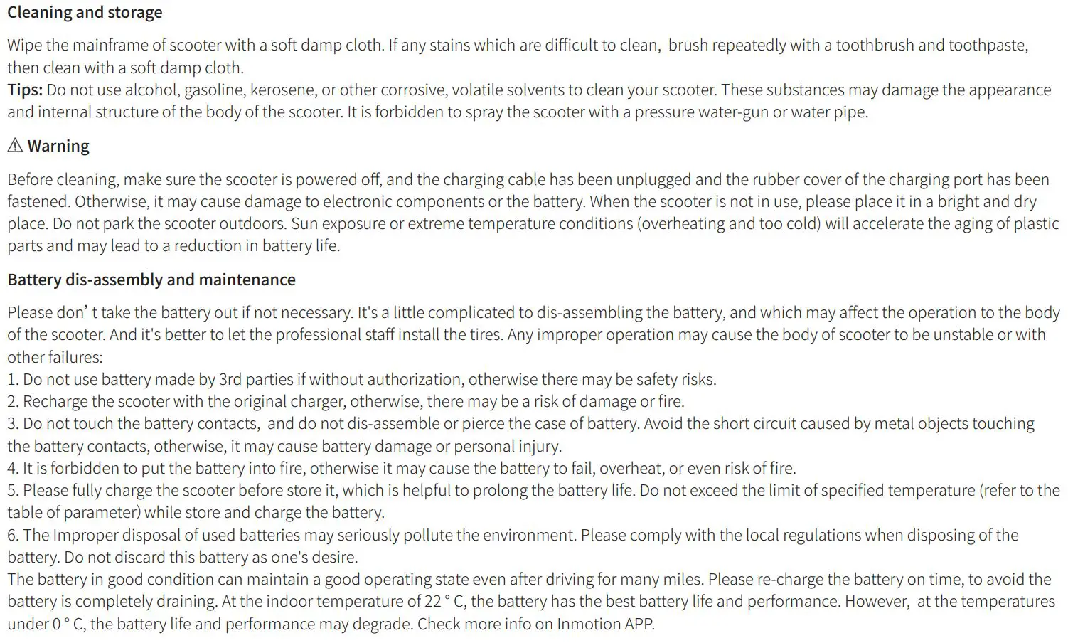 INMOTION A1F Series HY-I.A1F-SCVEN00037-US Electric Scooter User Manual - Cleaning and storage