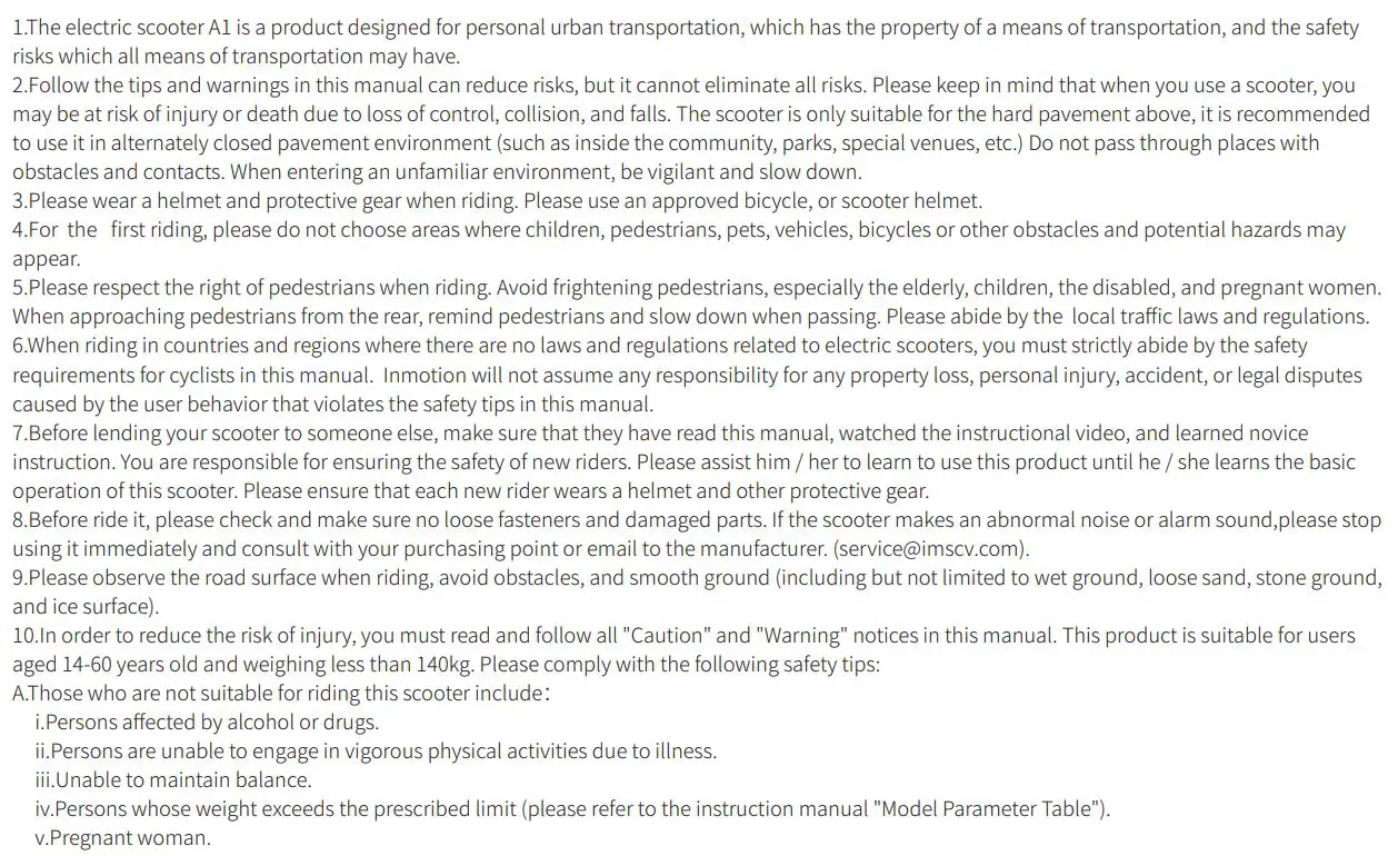 INMOTION A1F Series HY-I.A1F-SCVEN00037-US Electric Scooter User Manual - Safety Instruction