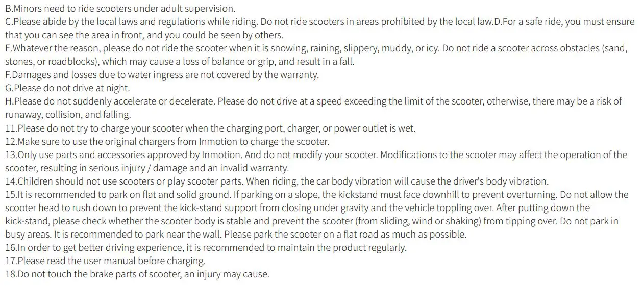 INMOTION A1F Series HY-I.A1F-SCVEN00037-US Electric Scooter User Manual - Safety Instruction