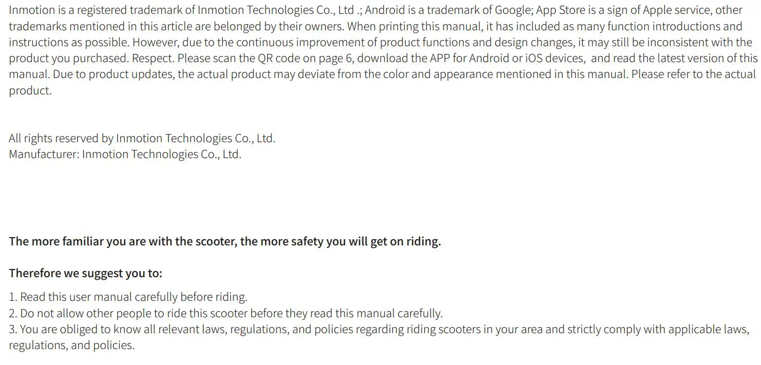 INMOTION A1F Series HY-I.A1F-SCVEN00037-US Electric Scooter User Manual - Trademarks and legal notices
