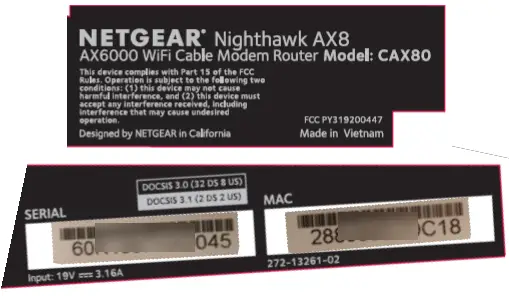 Image of Netgear CAX80 modem MAC label