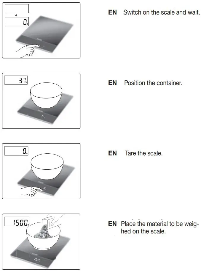 beurer KS 34 Digital Kitchen Scale Instructions - Weighing and additional weighing