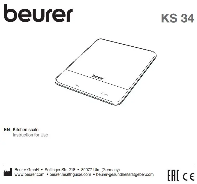 beurer KS 34 Digital Kitchen Scale Instructions
