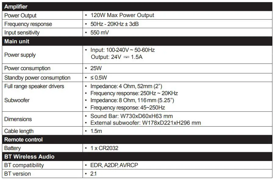 AZATOM Studio Cinemax 2.1 Ch Home Theater System Instruction Manual - Specifications