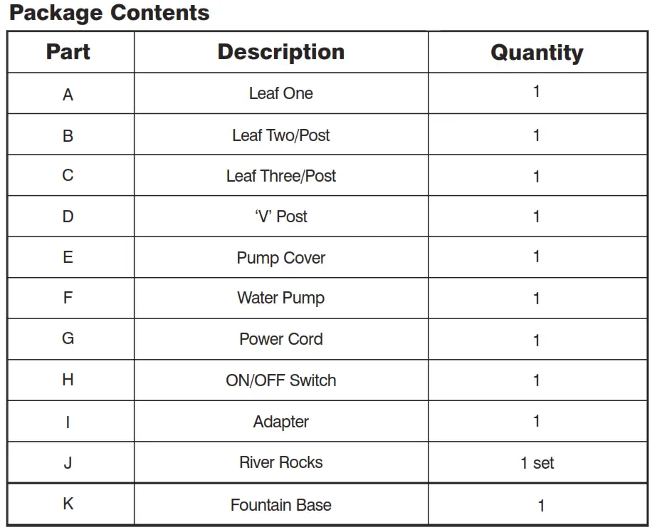 Homedics EnviraScape Silver Springs Fountain Package Contents