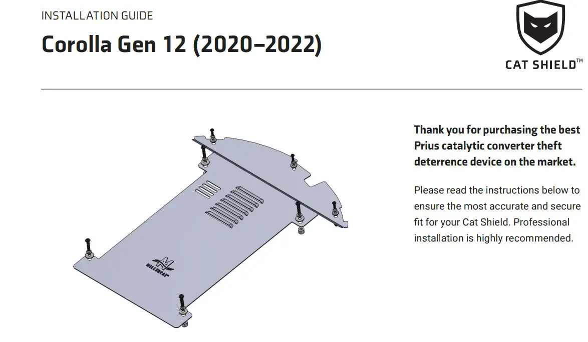CATSHIELD CS-TOY-COR-G12 2020-2022 Toyota Corolla Cat Shield Installation Guide