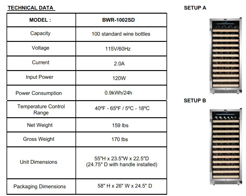 Whynter 100 Bottle Built-in Stainless Steel Compressor Wine Refrigerator with Display - TECHNICAL DATA