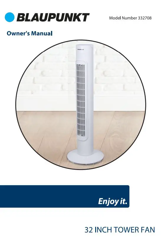 BLAUPUNKT 332708 3 inch Tower Fan Owner’s Manual