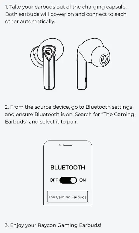 RAYCON RBE765 The Gaming Bluetooth Wireless Earbuds User Manual - QUICK START GUIDE