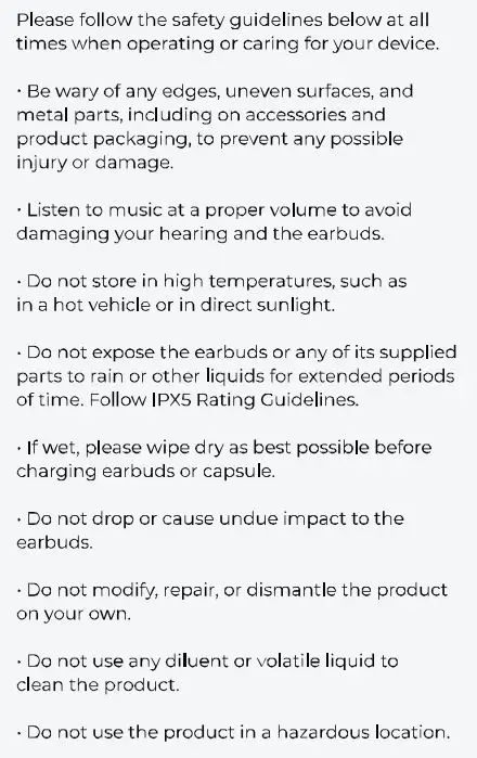 RAYCON RBE765 The Gaming Bluetooth Wireless Earbuds User Manual - SAFETY GUIDELINES