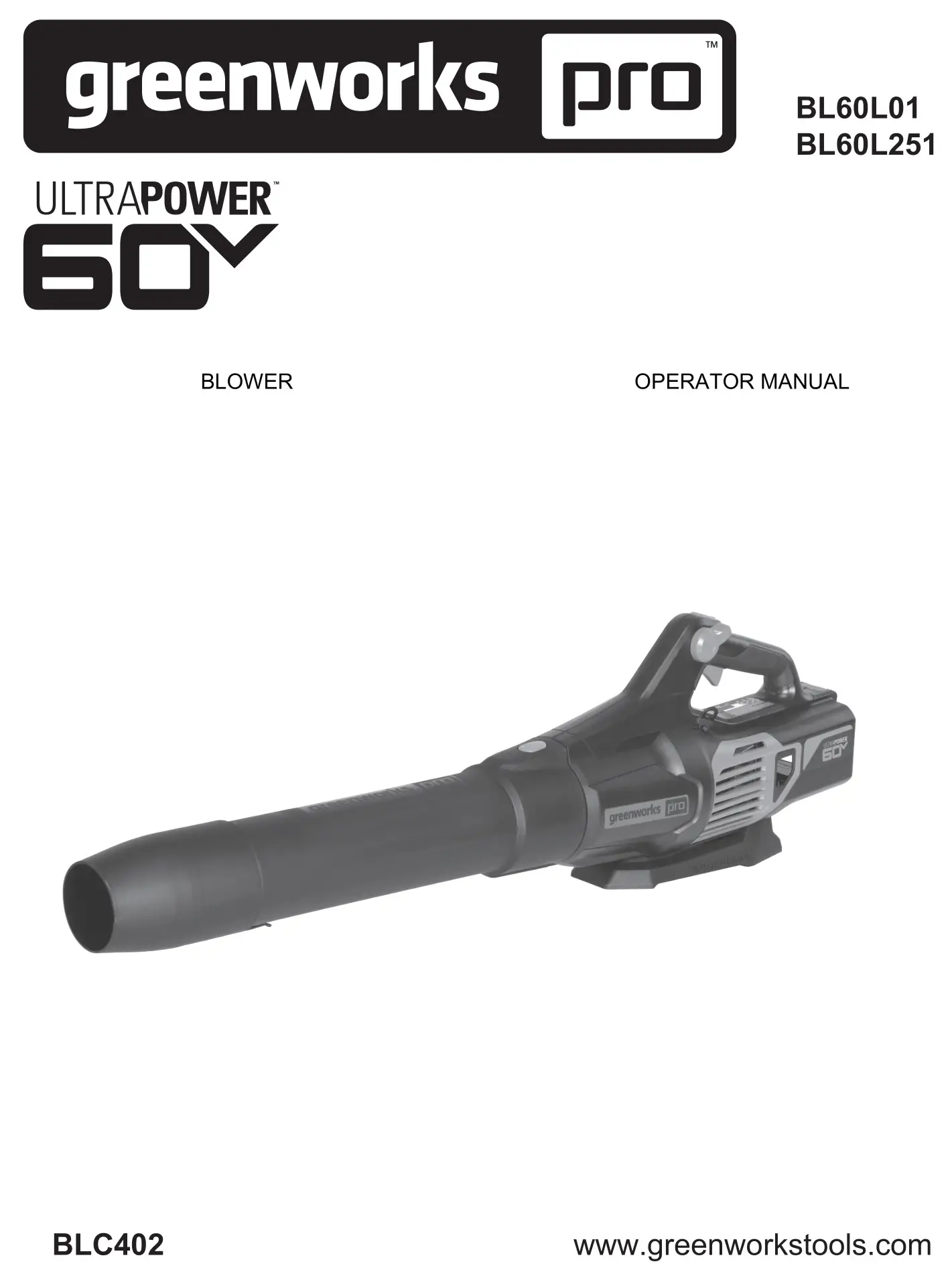 greenwork pro CS60L03 18-Inch 60-Volt Electric Cordless Chainsaw Owner's Manual BL60L251