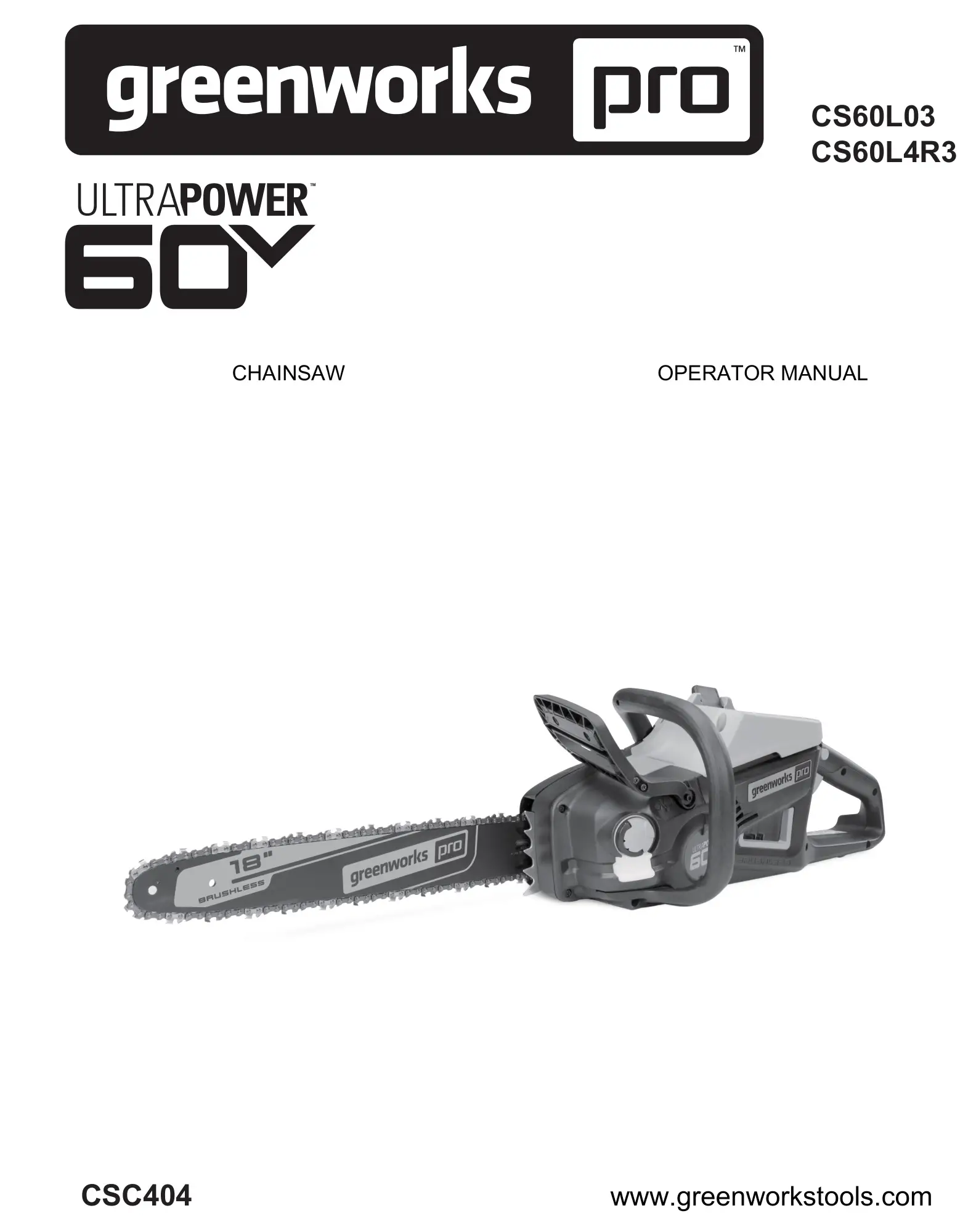 greenwork pro CS60L03 18-Inch 60-Volt Electric Cordless Chainsaw Owner's Manual