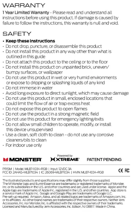 MONSTER MLB7-1034-RGB Prism 3D LED ART Panels User Guide - Notes