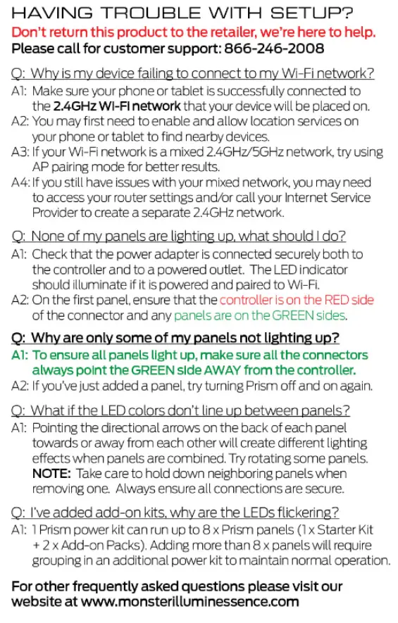 MONSTER MLB7-1034-RGB Prism 3D LED ART Panels User Guide - Troubleshooting