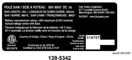 TORO 51870 Flex Force Power System 60V Pole Saw - 139-5342