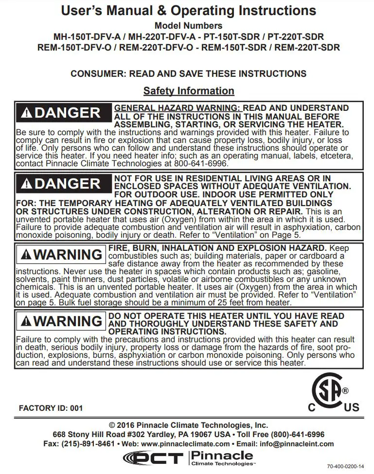 PCT MH-150T-DFV-A Master Heater User Manual