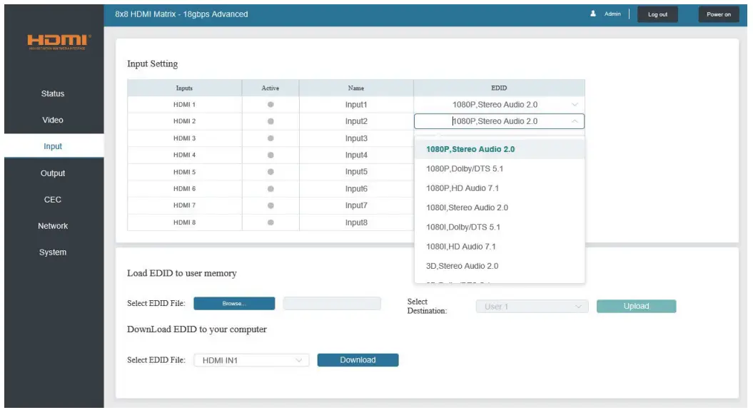 VigilLink VLMX 0808E 8x8 HDMI 2 0 Matrix 18Gbps Switch - Input Page