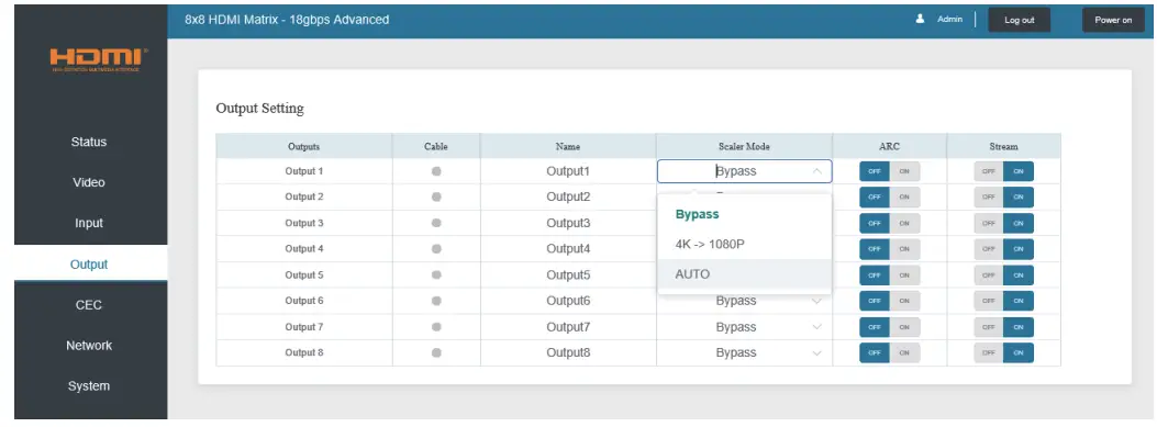 VigilLink VLMX 0808E 8x8 HDMI 2 0 Matrix 18Gbps Switch - Output Page