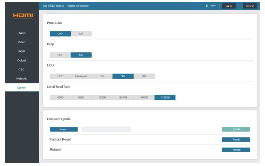 VigilLink VLMX 0808E 8x8 HDMI 2 0 Matrix 18Gbps Switch - System Page