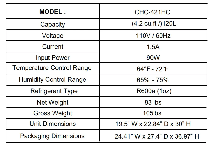 Whynter 4.2cu.ft. Cigar Cabinet Cooler and Humidor with Humidity Temperature Control - TECHNICAL DATA