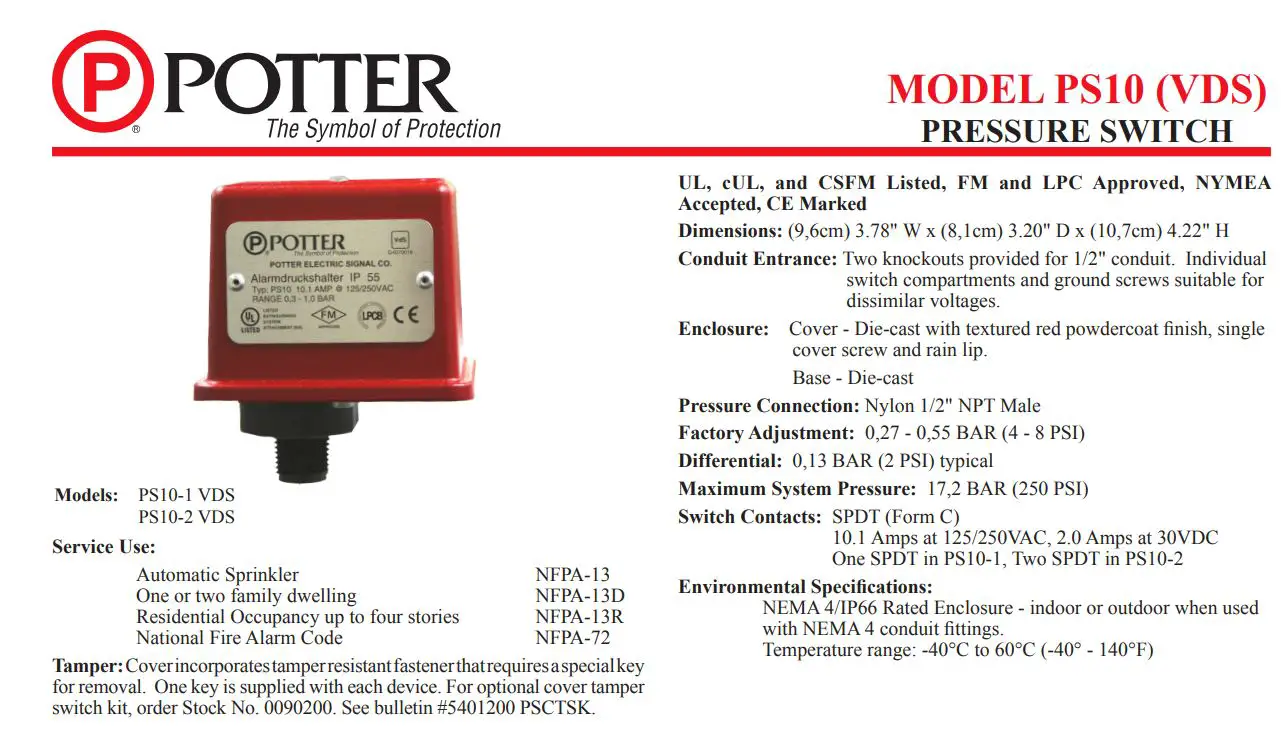 POTTER PS10 Series Pressure Type Waterflow Switch Owner's Manual