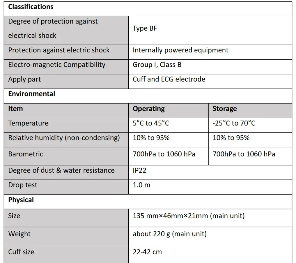 Viatom Blood Pressure Monitor BP2 - Specifications 1