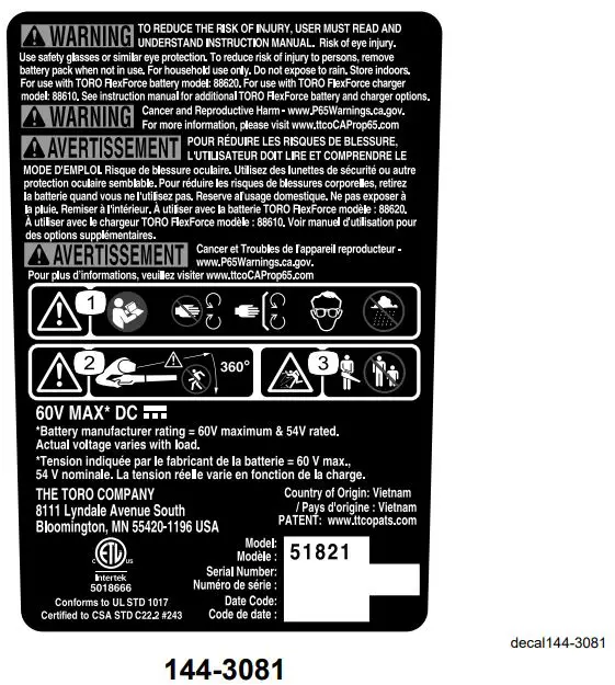 TORO 51821 Flex-Force Power System 60V Max Axial Blower Owner's Manual - 144-3081