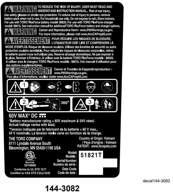 TORO 51821 Flex-Force Power System 60V Max Axial Blower Owner's Manual - 144-3082