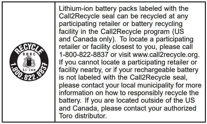 TORO 51821 Flex-Force Power System 60V Max Axial Blower Owner's Manual - Preparing the Battery Pack for Recycling