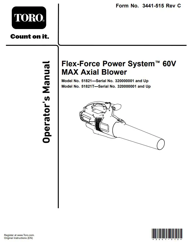 TORO 51821 Flex-Force Power System 60V Max Axial Blower Owner's Manual