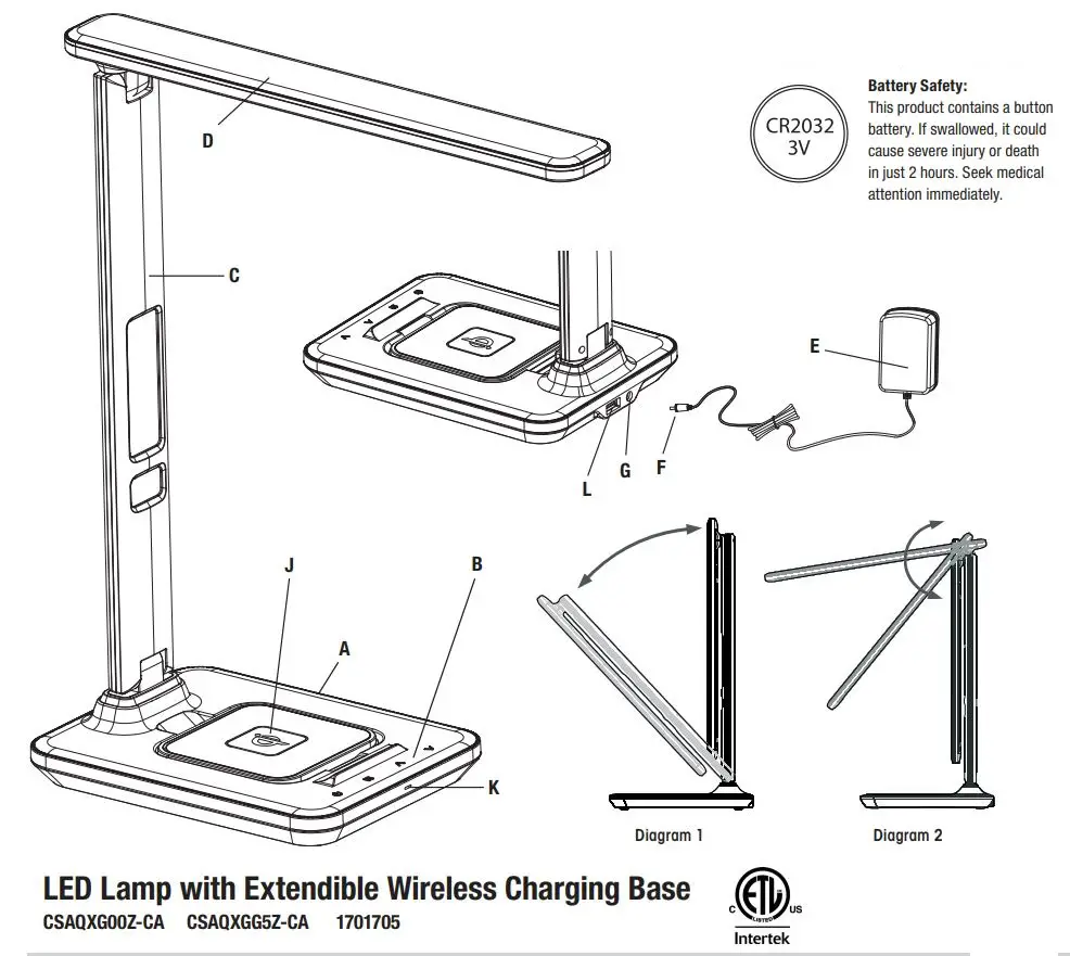 OttLite CSAQXG00Z-CA LED Lamp with Extendible Wireless Charging Base Instructions - Product Overview