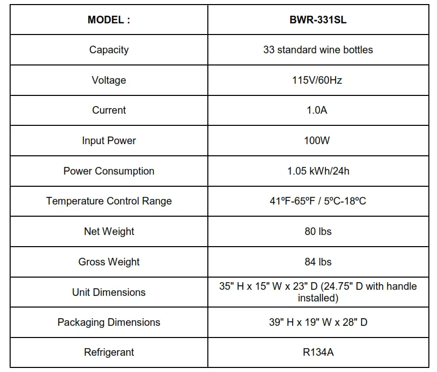 whynter-elite-33-bottle-seamless-stainless-steel-door-single-zone-built-in-wine-refrigerator-bwr-331sl- TECHNICAL DATA