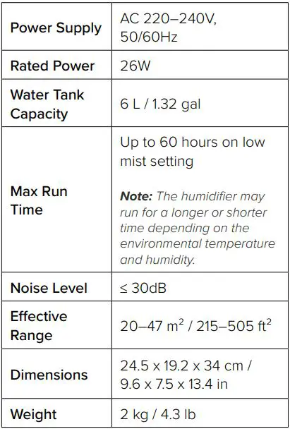 Levoit Smart Ultrasonic Top-Fill Cool Mist Humidifier User Manual - Specifications