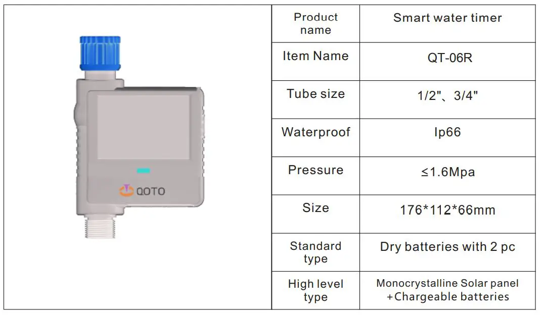 QOTO QT-06R Smart Water Timer - Product parameters