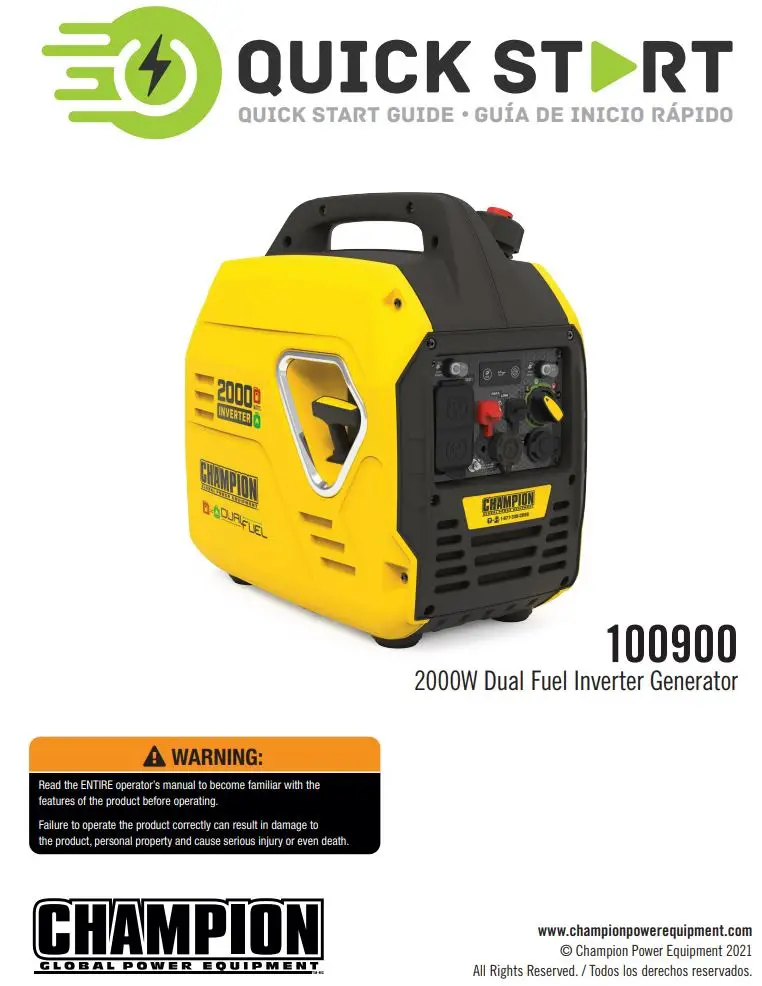 CHAMPION 100900 2000W Dual Fuel Inverter Generator User Guide