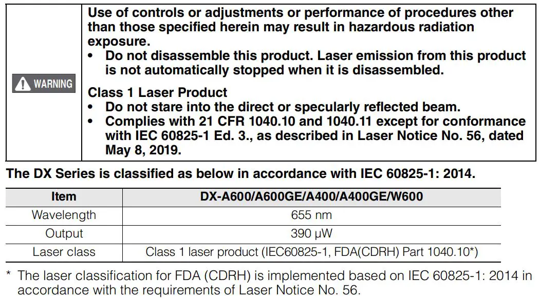KEYENCE DX Series Handheld Terminal Instruction Manual - Safety Precautions on Laser Product