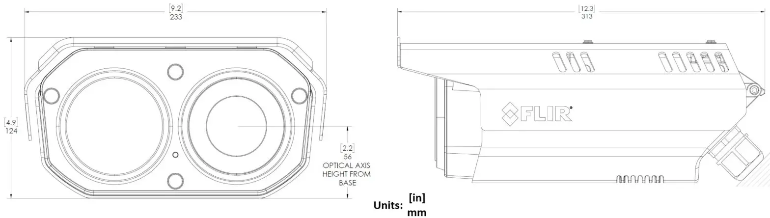 FLIR FH Series Camera Body with Sun Shield Attached - Camera Dimensions