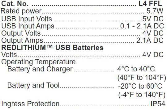 Milwaukee RedLithium USB Flood Light L4 FFL - SPECIFICATIONS