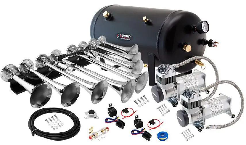VIXEN HORNS-VXO8350DP-8124XC-Octo-Trumpet-Train-Air-Horn-Chrome-Plated-with-5-Gallon-Tank-And-Dual-200-Psi-Compressor