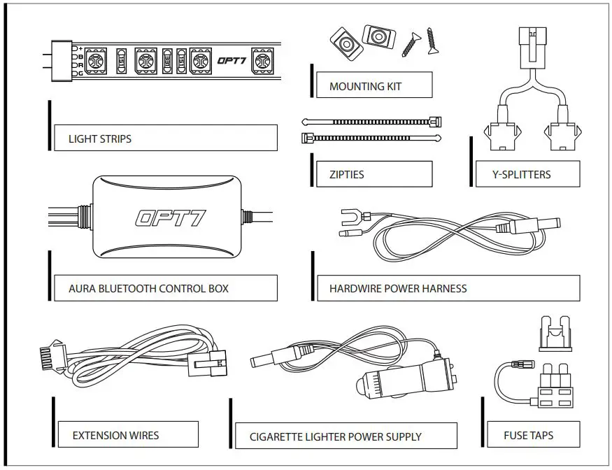 OPT7 Aura PRO Car Interior Lighting Kit Bluetooth Installation Guide - COMPONENTS