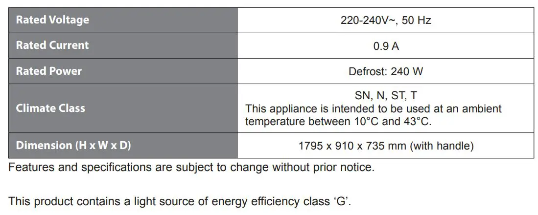 KENWOOD KSBSDB19 American Style Fridge Freezer with Water Dispenser Instruction Manual - specifications
