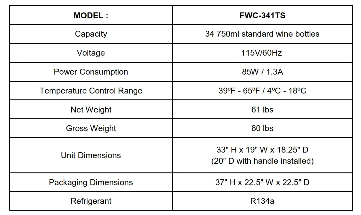 Whynter 34 Bottle Freestanding Stainless Steel Wine Refrigerator - TECHNICAL DATA