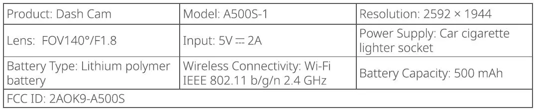 70mai Dash Cam Pro Plus User Manual - Specifications