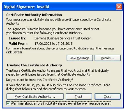SIEMENS E Mail Encryption with Business Partners - window