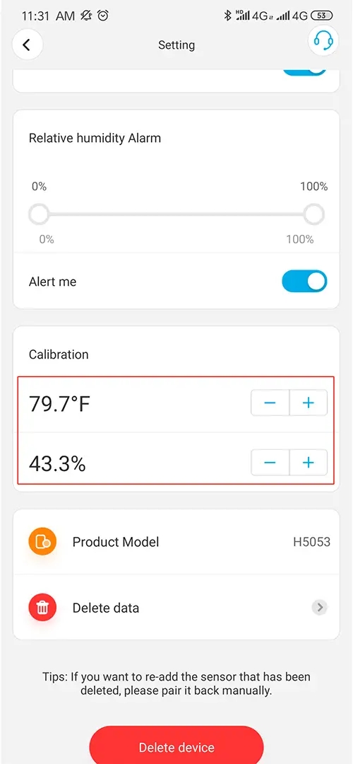 temperature and humidity on the App